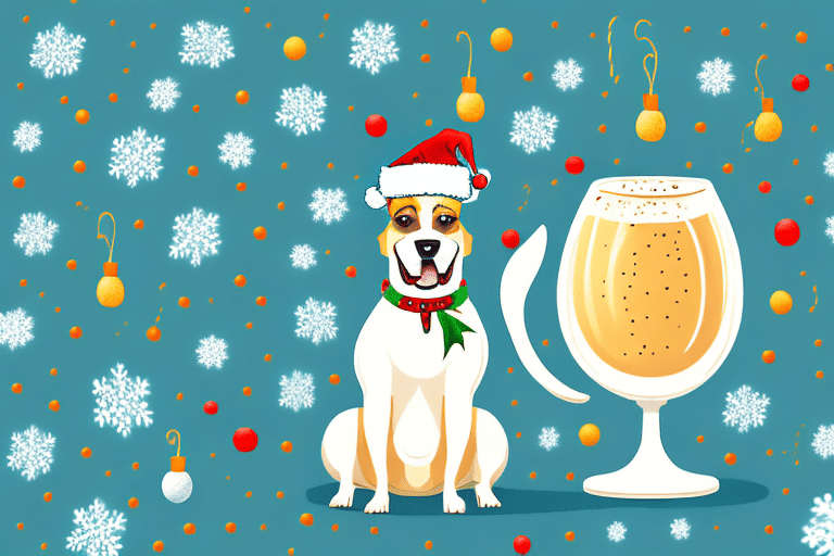 A cheerful dog sitting next to a bowl of non-alcoholic eggnog