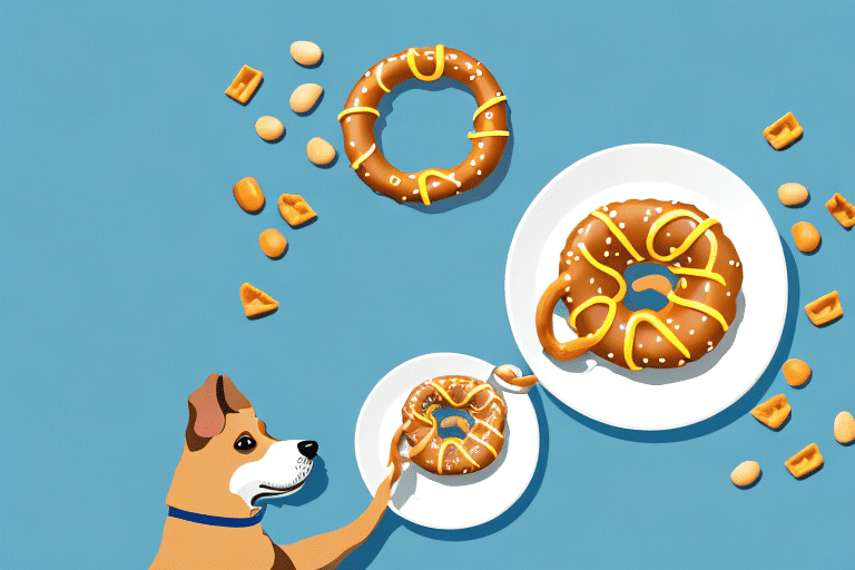 A curious dog looking at a pretzel coated with peanut butter placed on a plate