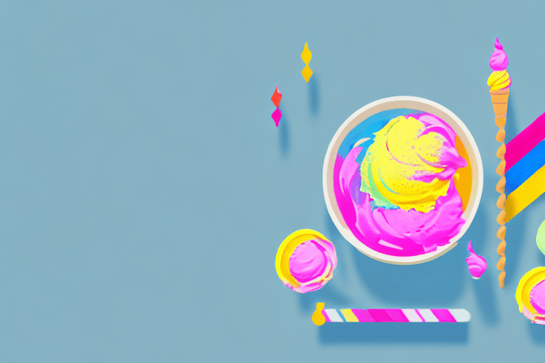 A curious dog looking longingly at a bowl of colorful sherbet ice cream placed on a table
