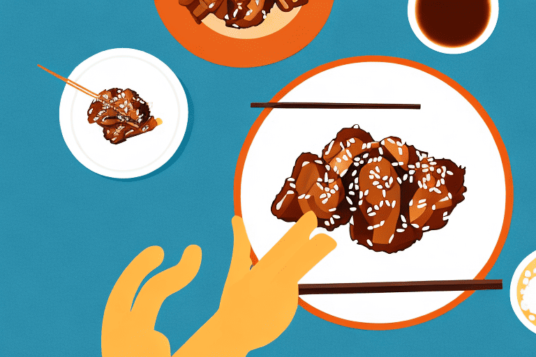 A curious dog looking longingly at a plate of teriyaki chicken on a table