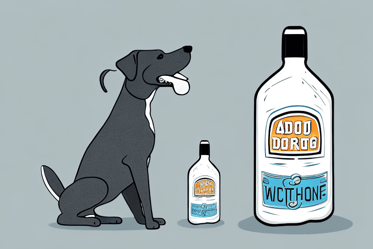 A curious dog sniffing a bottle of worcestershire sauce on a kitchen counter