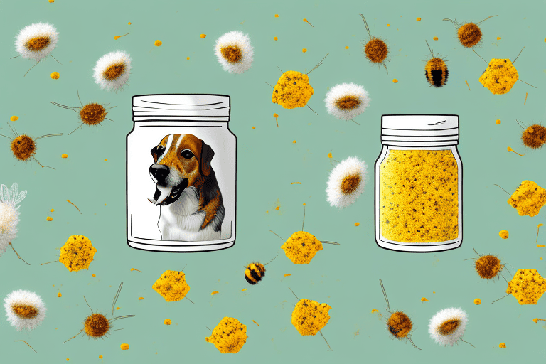 A dog sniffing at a jar of bee pollen