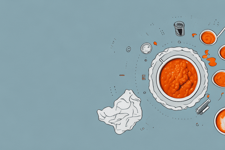A curious dog looking at a bowl of buffalo sauce with a questioning expression