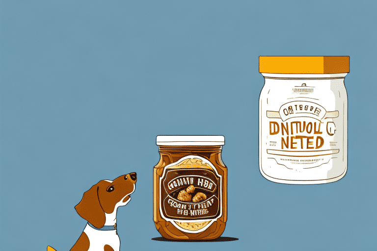 A curious dog sitting in front of a jar of honey roasted peanut butter
