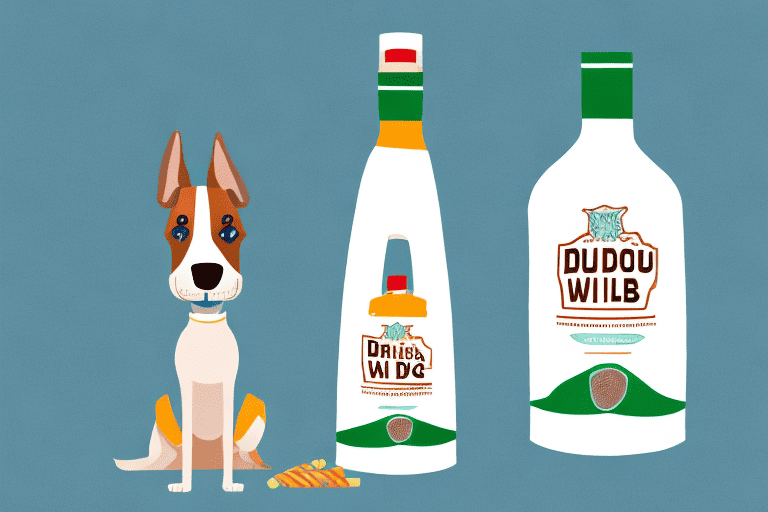 A curious dog sitting next to a bottle of italian dressing