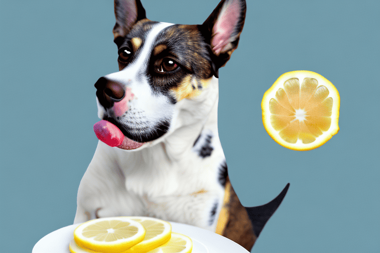 A curious dog sniffing a slice of lemon cake on a plate