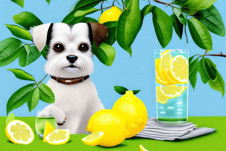 A curious dog sitting next to a glass of lemonade on a picnic blanket