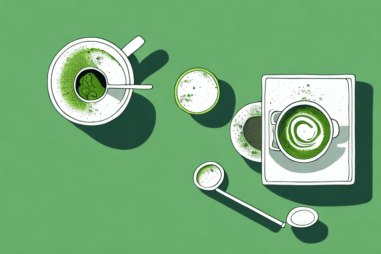 A curious dog sniffing a cup of matcha green tea placed on a low table