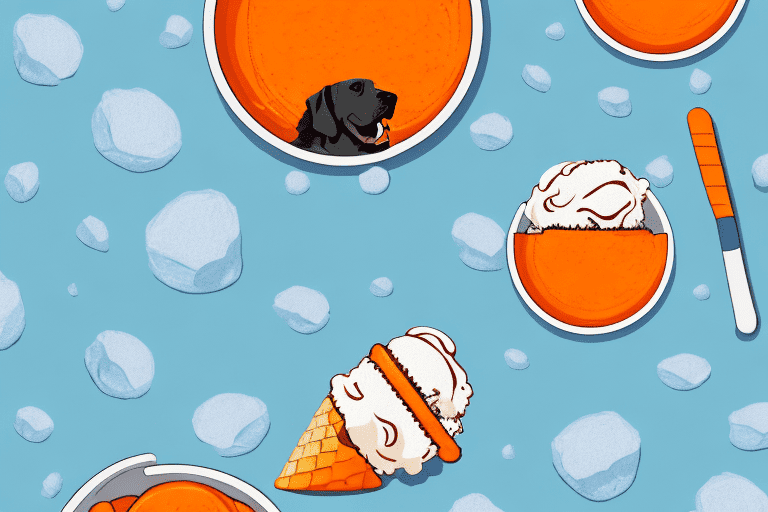 A curious dog looking longingly at a bowl of orange sherbet ice cream placed on a picnic blanket