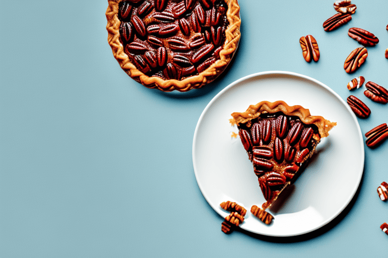 A curious dog sitting in front of a slice of pecan pie on a table