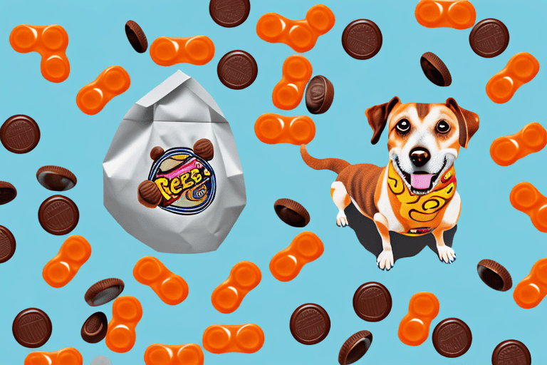 A curious dog sitting in front of a spilled bag of reese's pieces