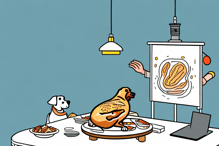 A curious dog sitting next to a rotisserie chicken on a table