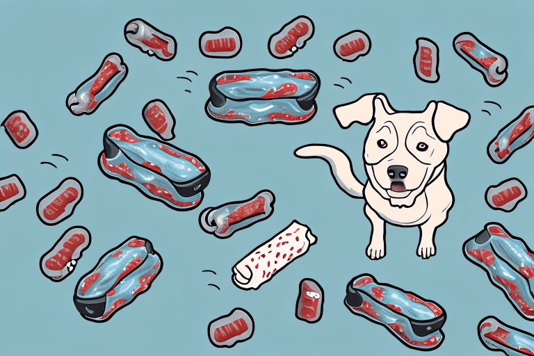 A curious dog looking longingly at a few tootsie rolls lying on a table