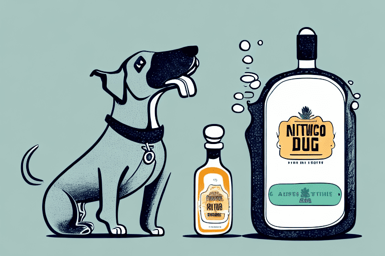 A curious dog sniffing a bottle of agave syrup placed on a kitchen counter