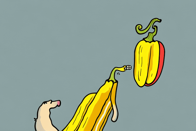 A curious dog sniffing a banana pepper on a table