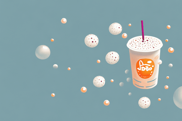 A curious dog looking at a cup of boba tea with tapioca pearls scattered around
