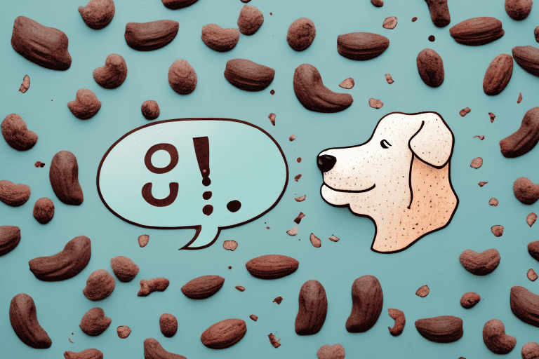 A curious dog sniffing a scattered pile of cacao nibs on the ground