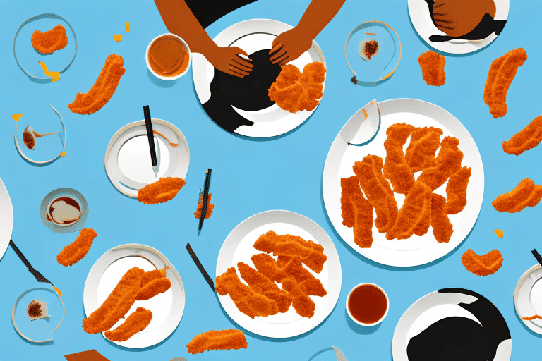 A curious dog looking longingly at a plate of chicken strips on a table