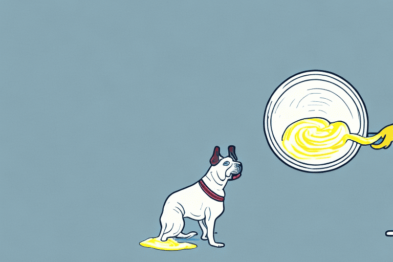 A curious dog looking at a bowl of custard on a kitchen table