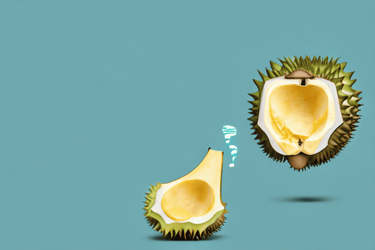 A curious dog sniffing a whole durian fruit on a table