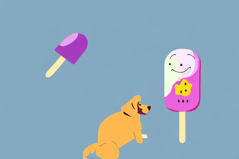 A happy dog looking longingly at a grape flavored popsicle resting on a nearby table