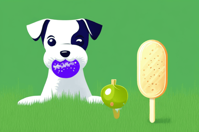 A curious dog sniffing a grape popsicle resting on a grassy lawn