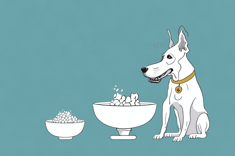 A curious dog sitting next to a bowl of hominy
