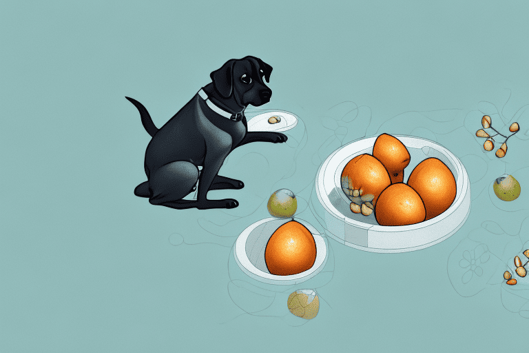 A curious dog looking at a few longan fruits on a table