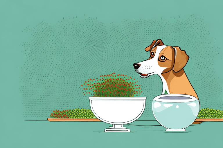 A curious dog sniffing at a bowl full of vibrant microgreens