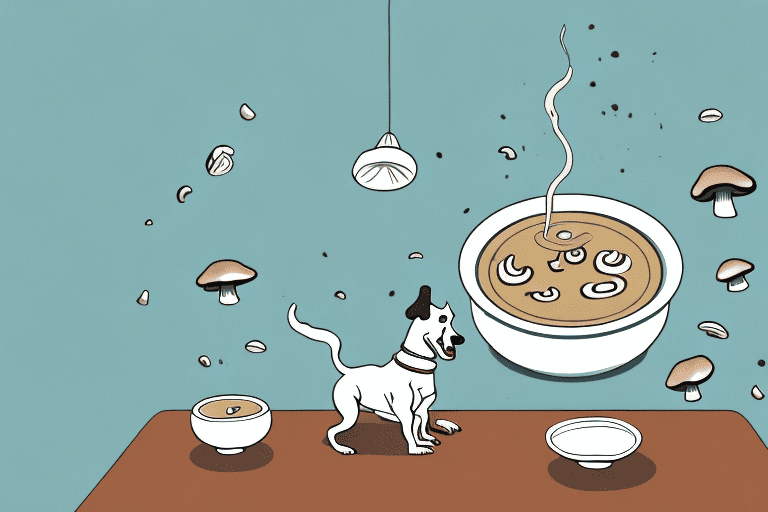 A curious dog looking at a bowl of mushroom soup placed on a low table