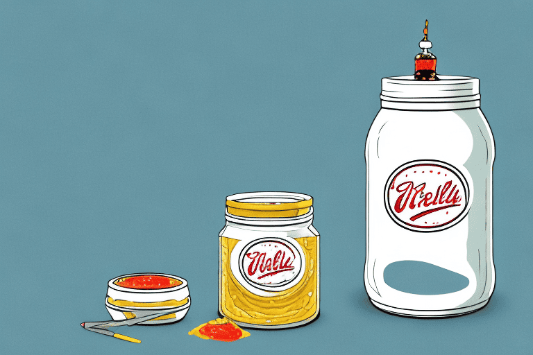 A curious dog sniffing a jar of relish placed on a table