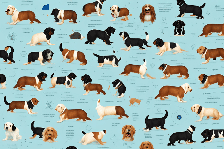 Several different breeds of dogs playfully scattered across a stylized map of illinois
