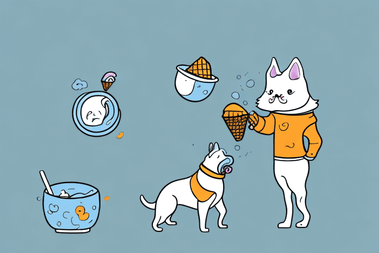 A curious cat sniffing at a bowl of dog-themed ice cream