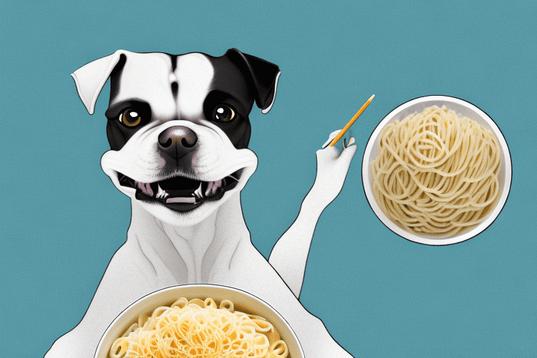 A curious dog sitting in front of a bowl of alfredo pasta