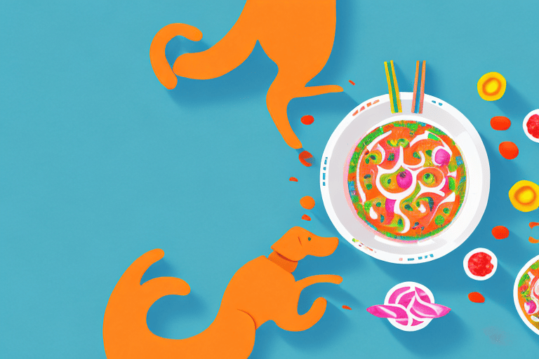 A curious dog looking at a bowl of colorful ceviche