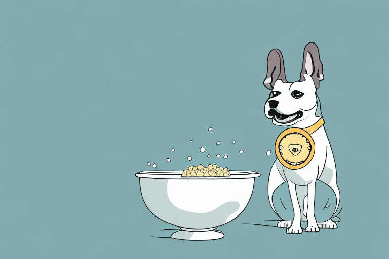 A curious dog looking at a bowl full of gerber puffs