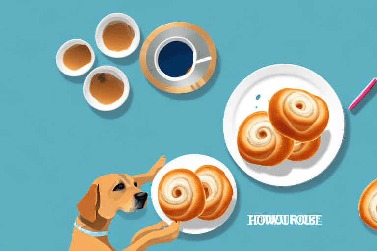 A dog sitting in front of a plate of hawaiian rolls