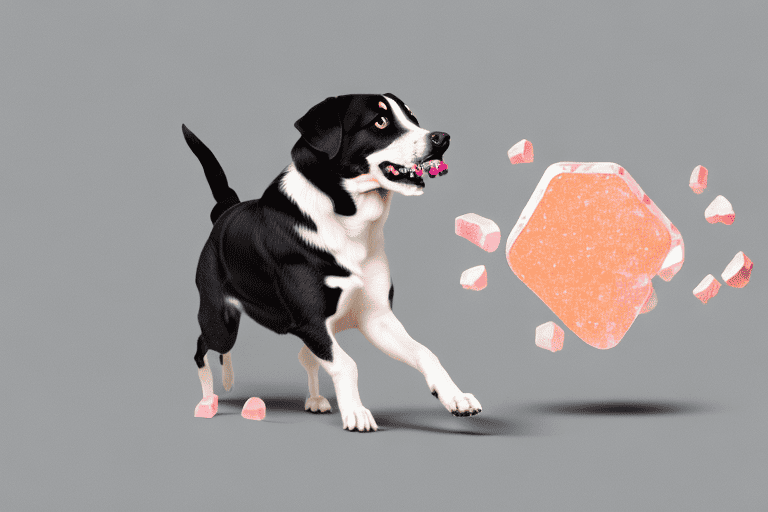 A curious dog sniffing a chunk of pink himalayan salt placed on the floor