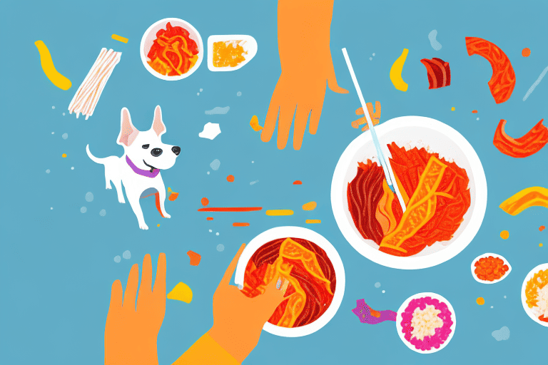 A curious dog sniffing a bowl of colorful kimchi