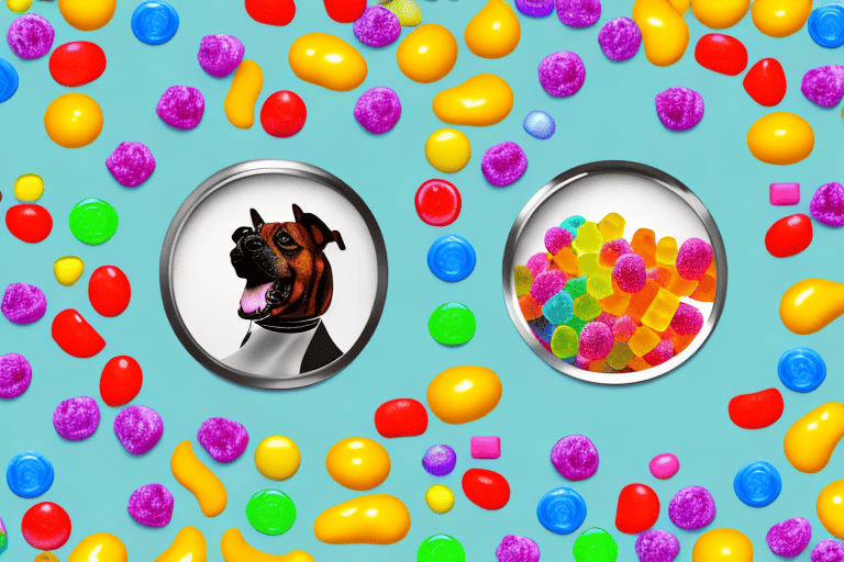 A curious dog looking at a bowl filled with colorful nerds gummy clusters