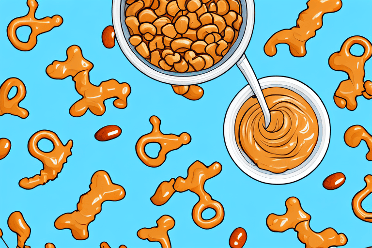 A curious dog looking at a bowl of peanut butter pretzels on a table