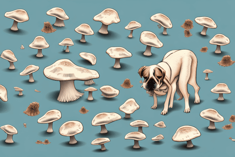 A dog curiously sniffing at a cluster of oyster mushrooms on the ground