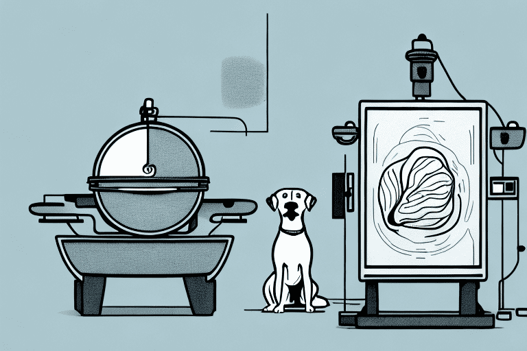 A curious dog looking longingly at a rotisserie chicken with a focus on the skin