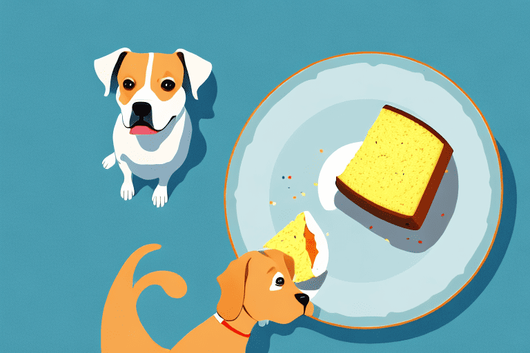 A curious dog sitting next to a slice of pound cake on a plate