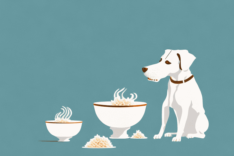 A curious dog sitting next to a bowl of sticky rice