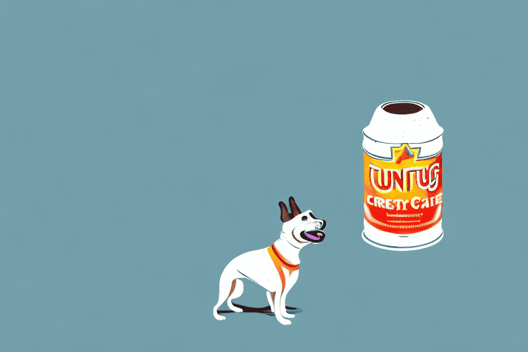A curious dog looking at a can of spray cheese sitting on the ground