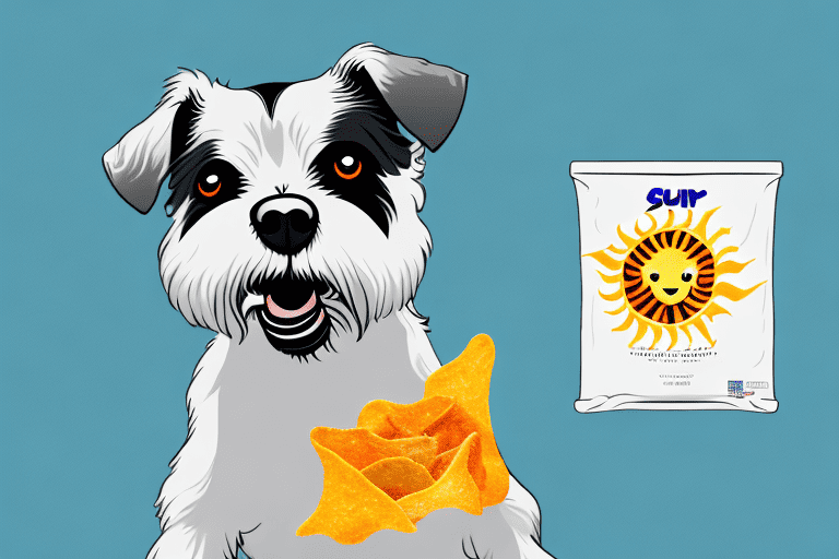 A curious dog sitting in front of an open bag of sun chips