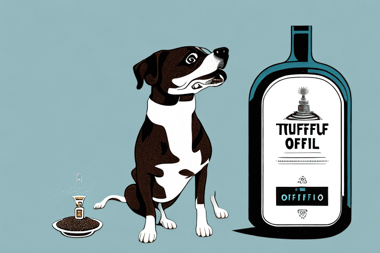 A curious dog sniffing a bottle of truffle oil placed on a table