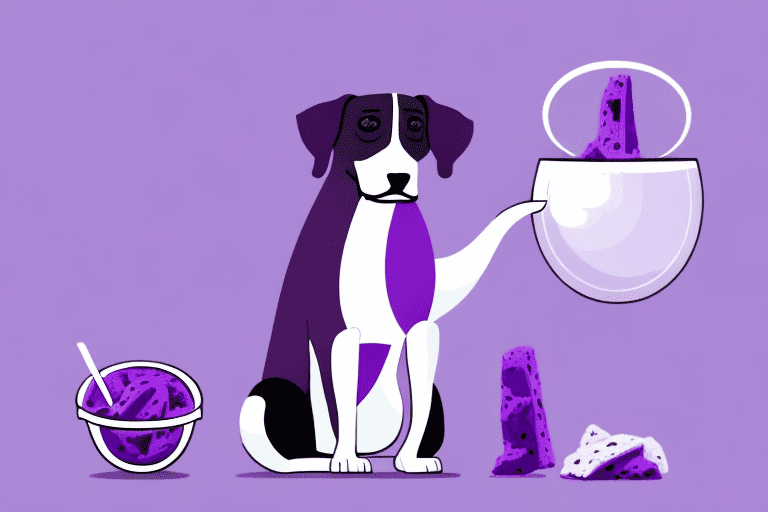 A curious dog sitting next to a bowl of purple ube yam