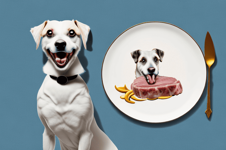 A curious dog sitting in front of a plate with a piece of veal on it